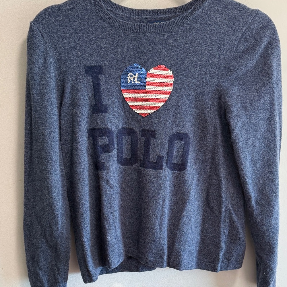 Blue Polo Sweater with Heart Sequin Design